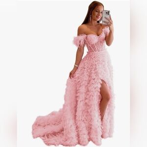 Womens Prom Tulle Slit Feather Dress